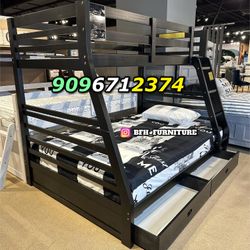 Twin/Full Black Bunk bed w. Drawers & Ortho Mattresses Included 