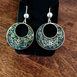 Vintage SS Turquoise Malachite Inlay Earrings
