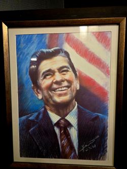 Signed Matted & Framed Portrait Painting President USA American Flag Background