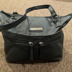 Like NEW ! Rosetti Black Pebbled Leather Double Strap Shoulder Bag Zippers pocketbook purse handbag 