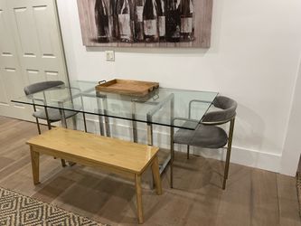 CB2 Silverado glass dining table and chairs/ bench set