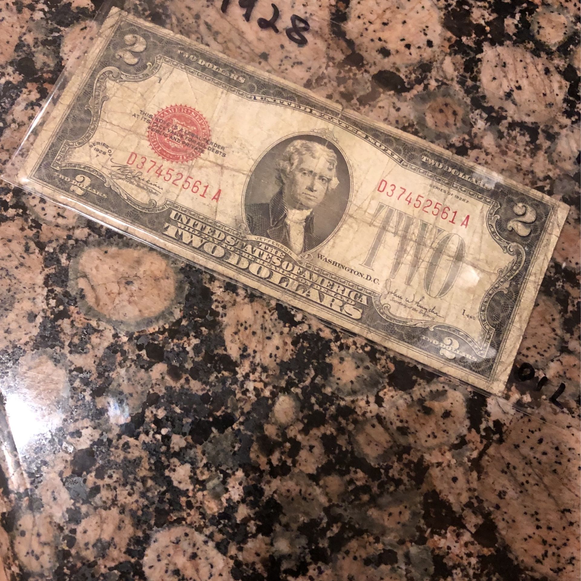 Vintage 1928 Red Seal 2 Dollar Bill