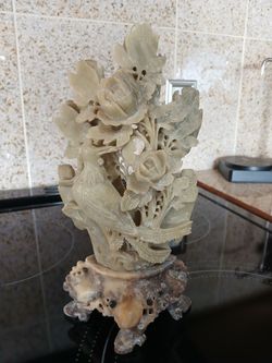 Chinese Soapstone Carving Of Phoenix Bird With Flowers & Foliage ~ 2 Pieces