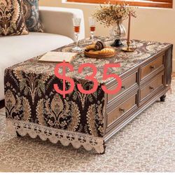 Luxury Chenille Coffee Table Cover Non-Slip Silicone Backing Heavyweight French Jacquard Table Cloth with Lace Trim Vintage Floral Furniture Protector