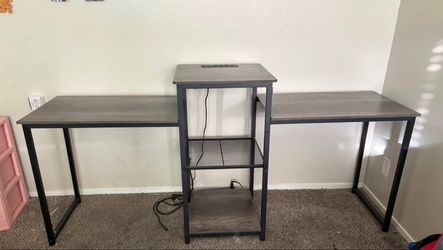 2 Person Desk with Power Outlet and Storage Shelves.