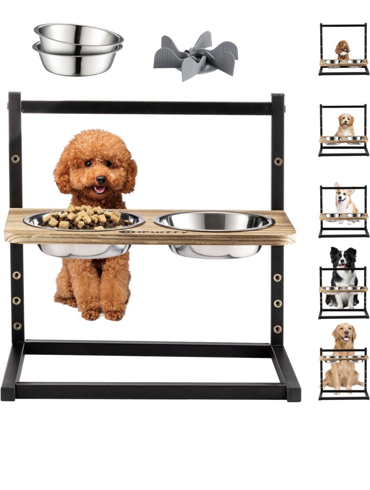 IFurffy Elevated Dog Bowls, Adjustable Metal Stand with Stainless Steel Bowls,Slow Feeder Insert, Adjusts to 1.9"-12.2" for Small Dogs Cats Pets