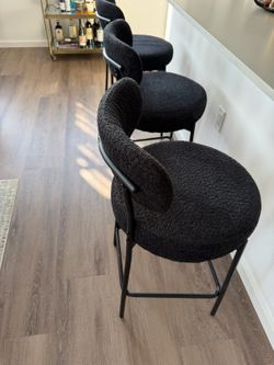 Bar Stools Set of 3 — Black Bouclé Counter Stools with Backs, 24" Seat Height