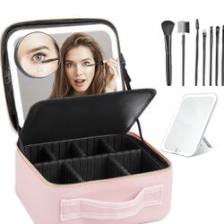 Brand New Travel Makeup Train Case with Mirror of LED Light 3 Color Adjustable Brightness, Adjustable Dividers Cosmetic Bag for Women, Makeup Bag 