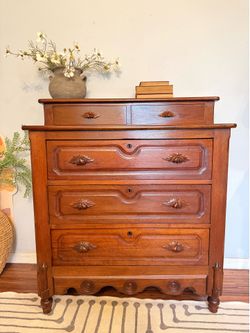 Vintage Three Drawer Dresser with Top Glove Drawers and Carved Wood Accents