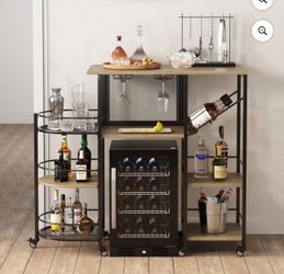 Bar Cart with Wine Rack & Glass Holder - Rolling Wheels (Wood)