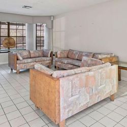 Milo Baughman Designer 3 piece Burl wood incased Couch Set