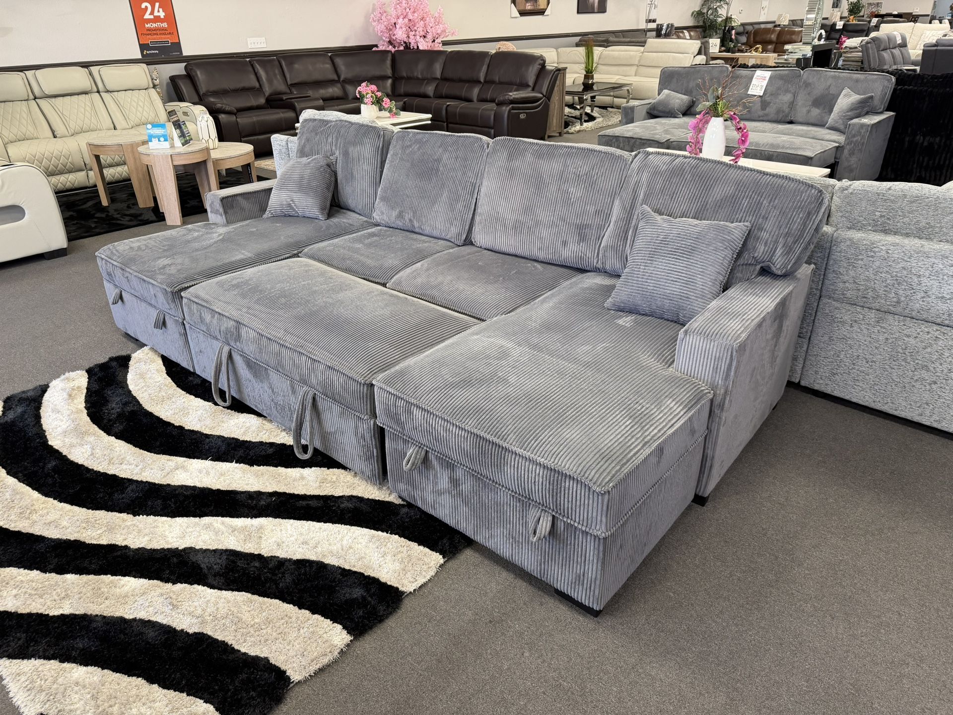 Gray Sofa Sectional Double Chaise & Sleeper + Storage 