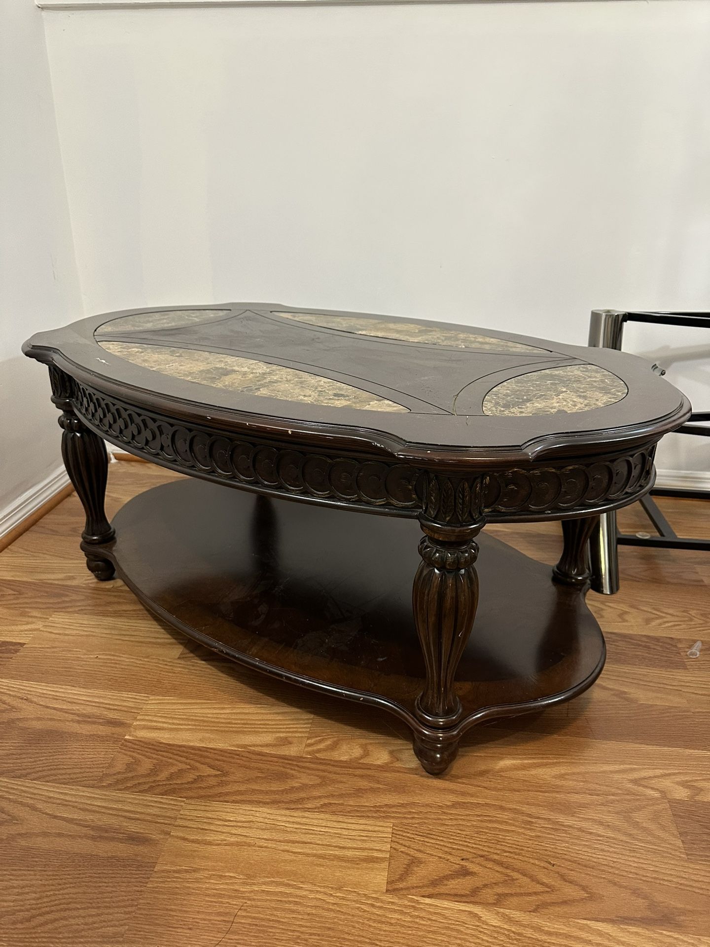 Oval Coffee Table – Dark Wood, Faux-Marble Inlay, Lower Shelf — Disassembles for Easy Transport