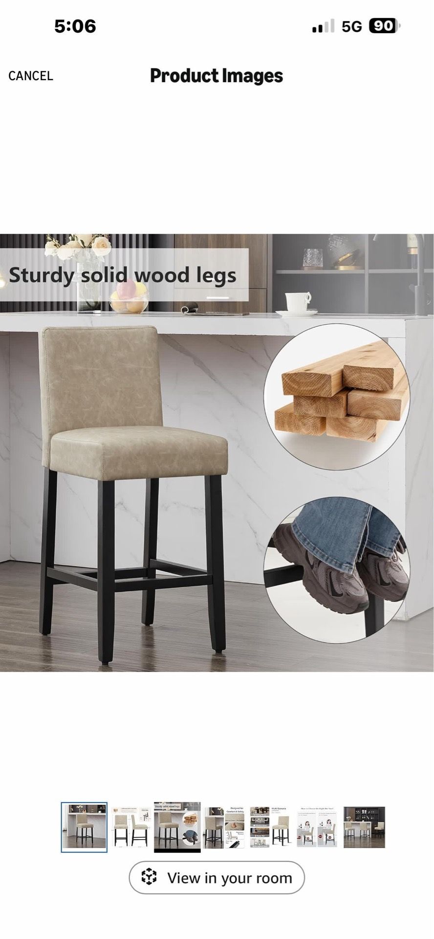26'' Faux Leather Bar Stools, Modern Upholstered Bar Height Bar Chairs, Soild Wood Legs Barstools with Back, Beige 99 &50