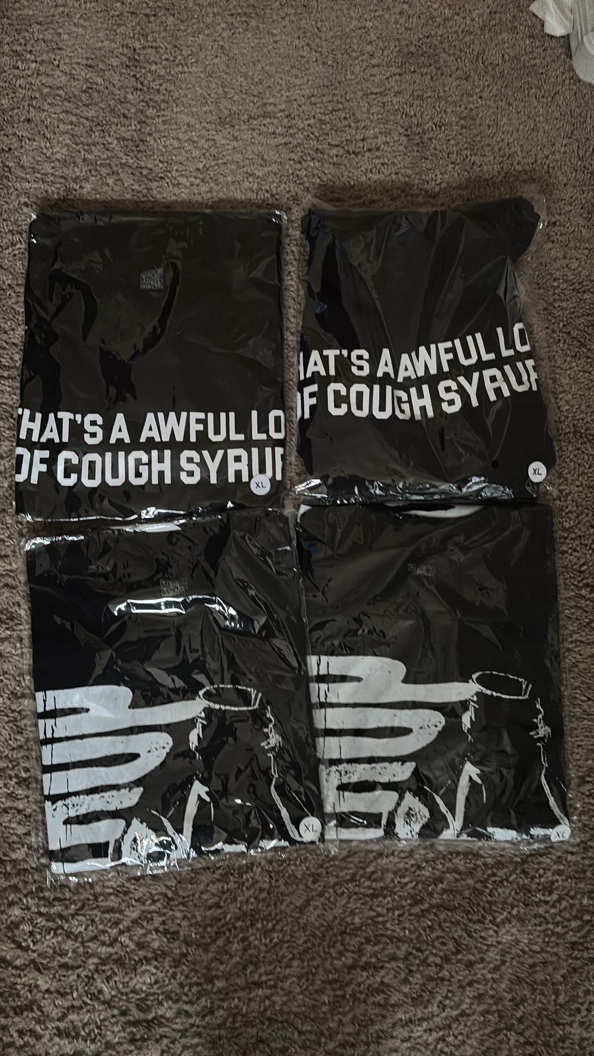 cough syrup tees sizes large and XL