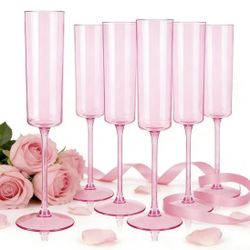 YOUBET 24 Pack Pink Plastic Champagne Flutes - 6 Oz Clear Pink Champagne Glasses
