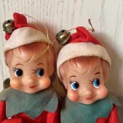 2 Early 1960s Elves Pixie Knee-Huggers Christmas Ornaments Vintage Holiday Decor Collectibles
