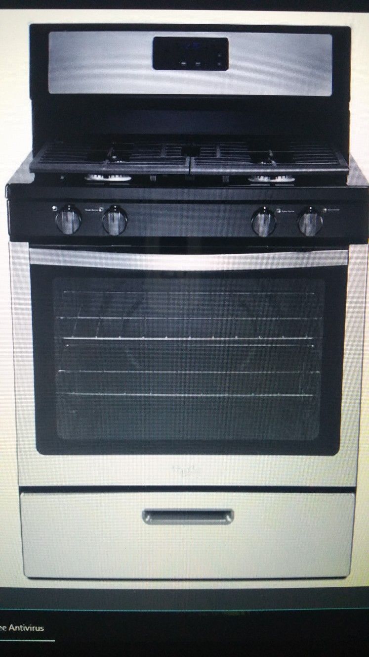 NEW GAS STOVE, WHIRLPOOL STAINLESS, BLACK. OVEN RANGE IN STORAGE 4 BURNERS