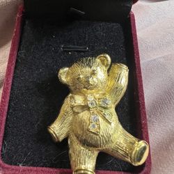 Avon💥Vintage💥Teddy Bear Gold Tone Textured Rhinestone Bow Brooch Pin