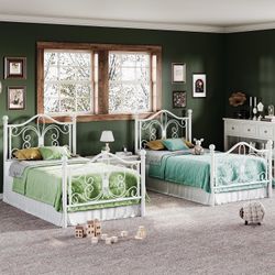 2pcs Twin Size Bed Frame for Kids,Metal Bed Frame with Butterfly Pattern Design Headboard and Footboard,No Box Spring Needed,Easy Assembly,White