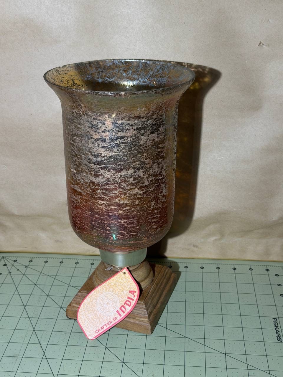 Golden Brown Clear Crackle Glass Candle Holder