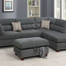 Brand New Grey Sectional Sofa W Storage Ottoman