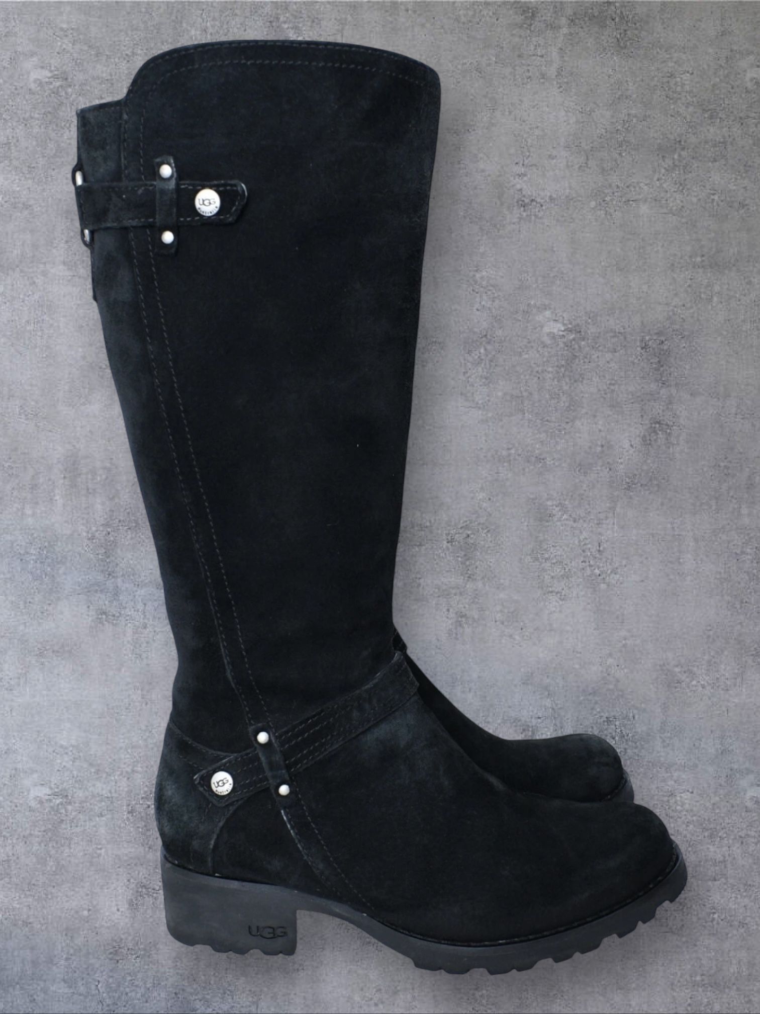 UGG Australia Jillian Riding Boots Wmns Sz 7.5 Black Suede Shearling Equestrian Knee High Shoes 