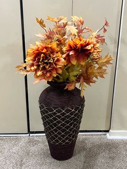 Tall brown woven vase with golden cross cross pattern 36” with faux flowers detail in photos pickup Gaithersburg md20877