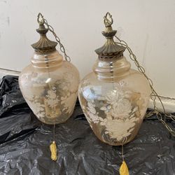 Large Hanging Vintage Falkinstein Glass Lamps (2) With Etched Roses.
