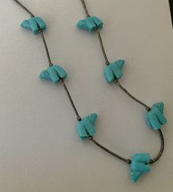 Native American Navajo Heshe Hand Carved Turquoise Sterling Silver Bear Fetish Necklace  18” Thumbnail