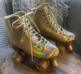 JajaHoho Holographic Roller Skates Quad Gold Glitter Shiny Womens Size 6