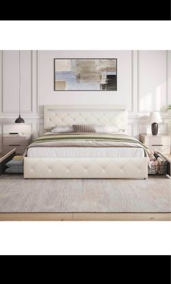 Full Size White Bed Frame with LED and Storage Drawers