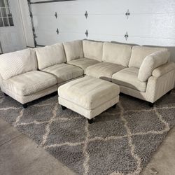 Cream Corduroy Modular Sectional Couch with Ottoman