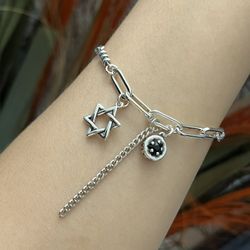 S925 silver star black crystal flower charm chunky bracelet