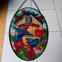 Hummingbird / Blue Bird Stained Glass Welcome Suncatcher 8.5x12