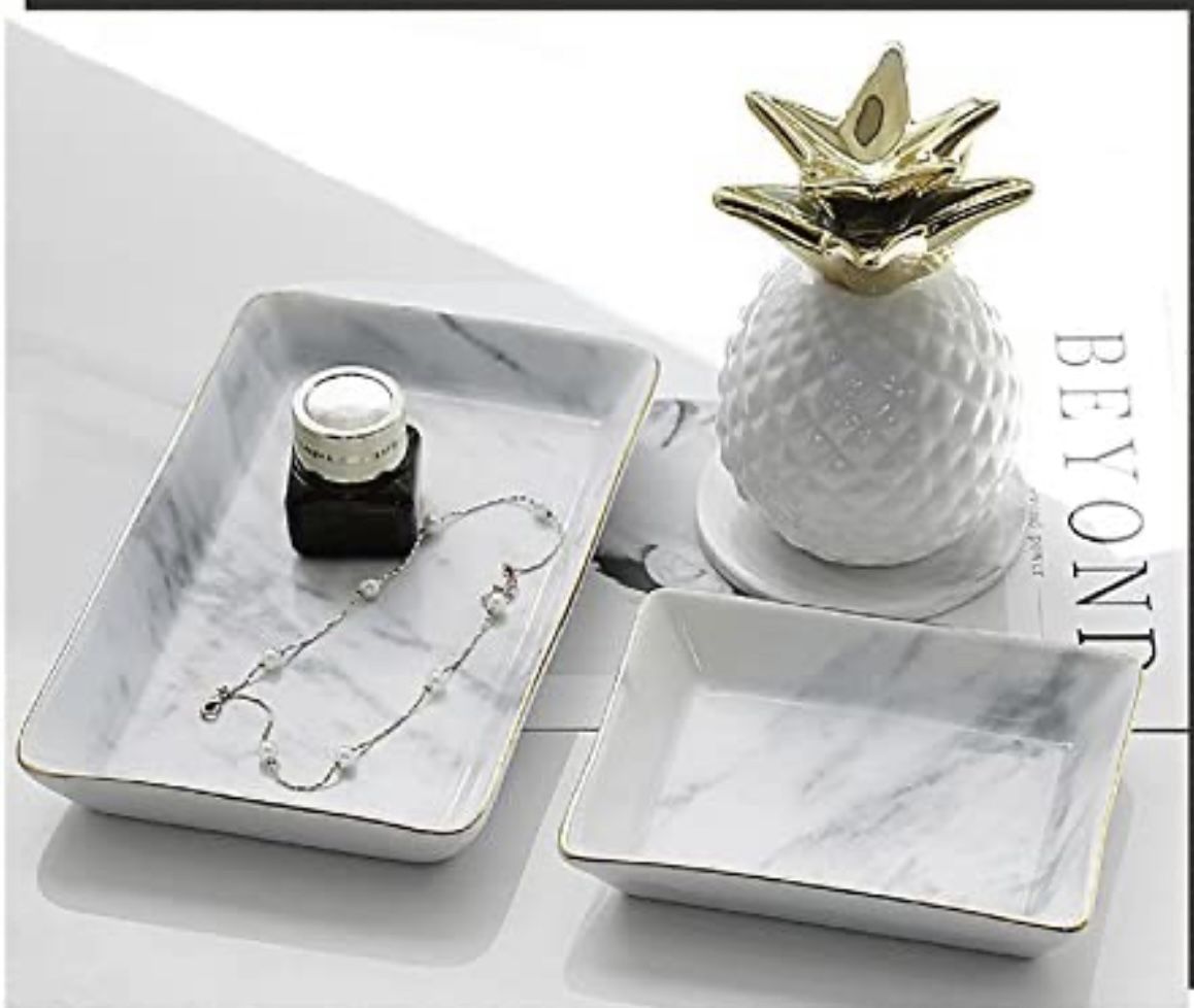 Faux Marble and Gold Trinket Tray Ceramic Ring Dish Jewelry Dish Ring Holder Jewelry Tray Organizer with Gold Edge Home Decor
