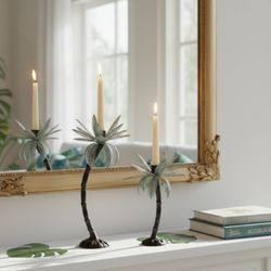 Pair of Vintage Tropical Cast Iron Metal Palm Tree Candlestick Holders (Heavy & Sturdy)