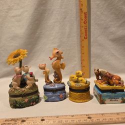 Hinged Trinket Boxes, Lot Of 4,unique VTG Beauties/trinkets, Porcelain And Resin 
