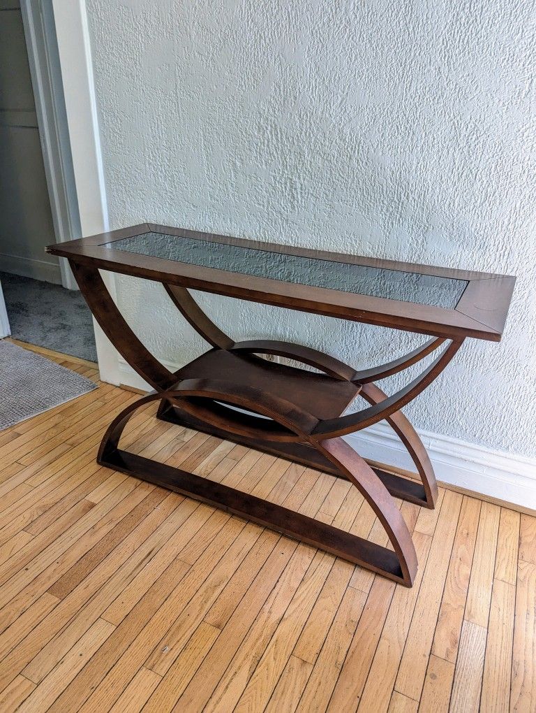Modern Glass-Top Console Table – Sculptural Wood Base