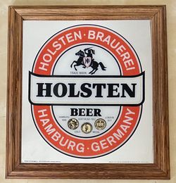 Vintage HOLSTEN Beer Sign Bar Mirror Hamburg Germany Large 18”x17” Wood Framed