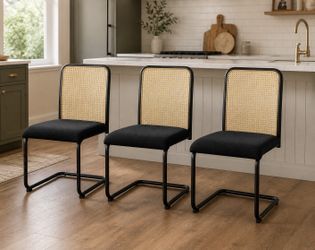 Set Of 3, Black Velvet Dining Chairs With Rattan Back