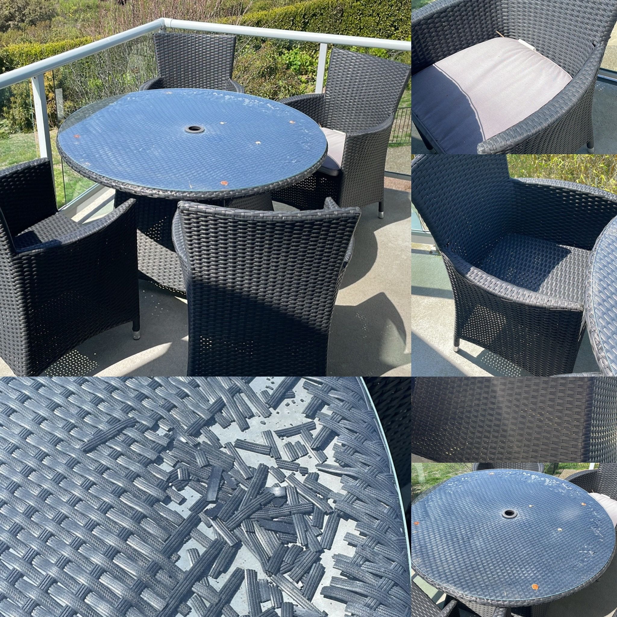 Outdoor dining set wicker black 4 chairs ok cond. chairs good table top is worn. Glass As is pu. 