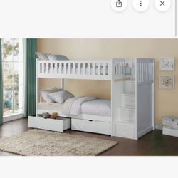 White Homelegance Galen Twin Bunk Bed with Reversible Step Drawer Space (White)