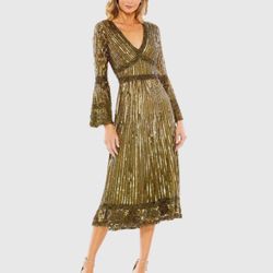 Mac Duggal 18 Evening Gown Sequin Olive Green Embellished 3/4 Sleeve 5591 NWT