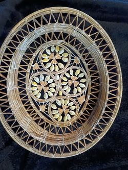 Vintage Micronesian Woven Basket Tray with Cowrie Shell Flower Detail