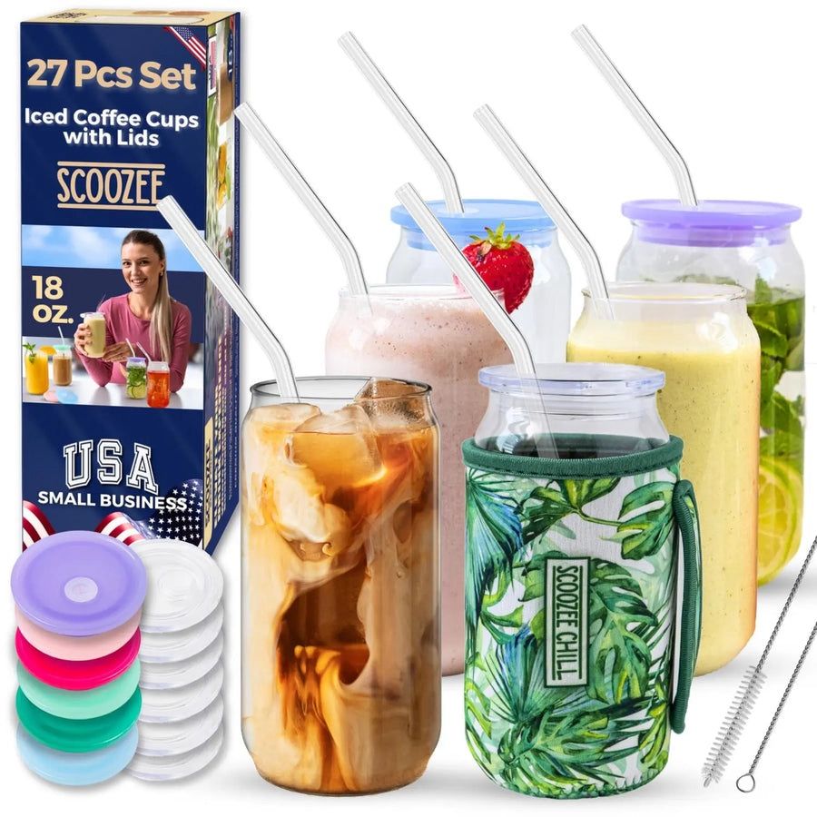 SCOOZEE GLASS CUPS WITH ACRYLIC LIDS 6 GLASSES