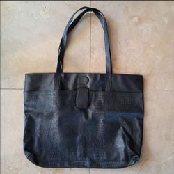 Black Croc-Embossed Faux Leather Tote Bag