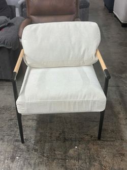Polyester Accent Chair with Metal Frame & Wooden Armrests - White