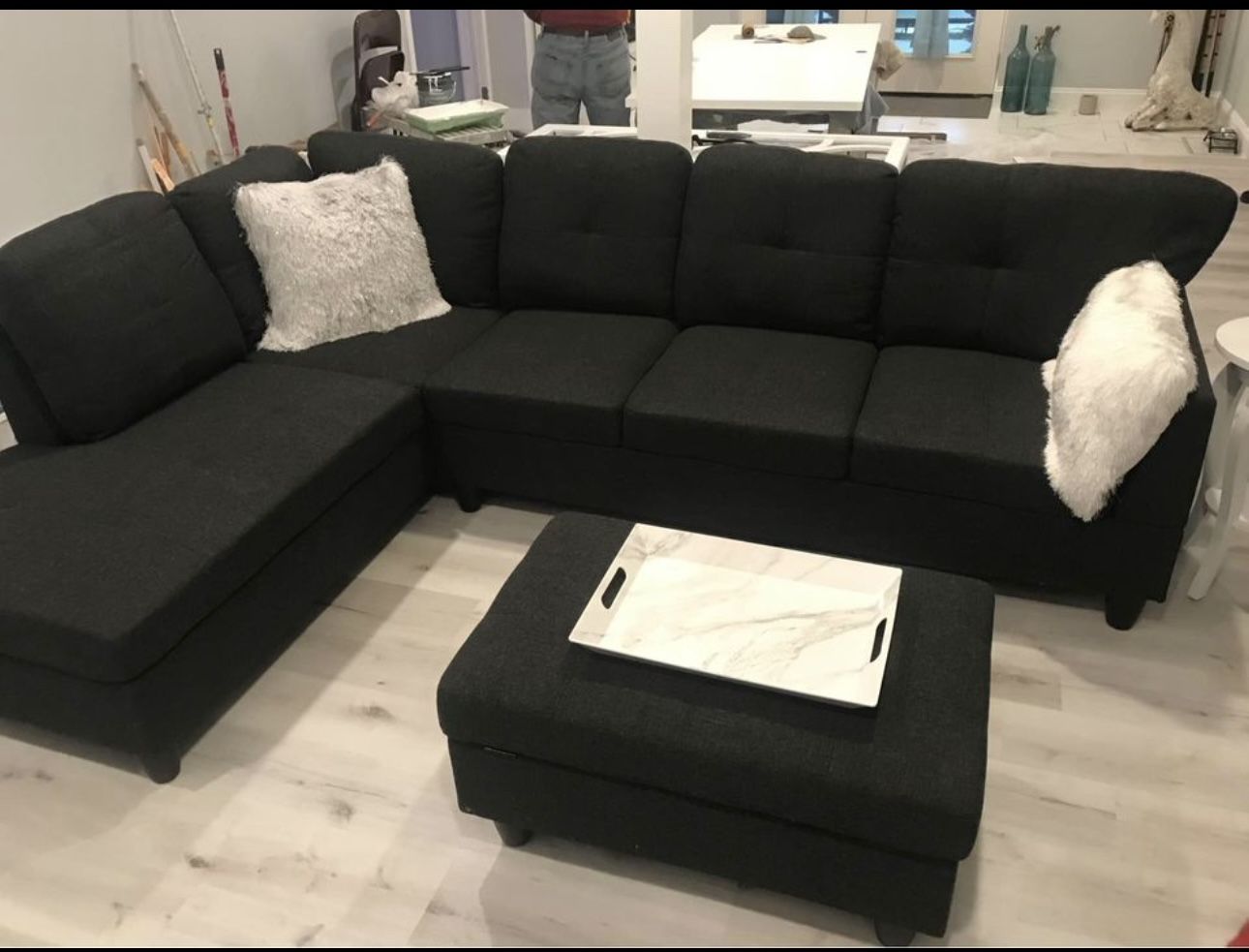 COSTCO Charcoal Black Linen Sectional Couch And Ottoman