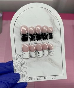 Medium square press on nails nude base white French black